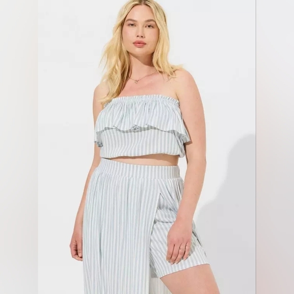Torrid Tea length Rayon Slub Ruffle Top Skirt Set Sunday Stripe Cloud Dancer - Picture 3 of 14